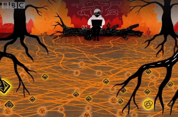 un nerd che si collega in Rete mentre è ospitato dalla rete di scambio di sostanze del bosco