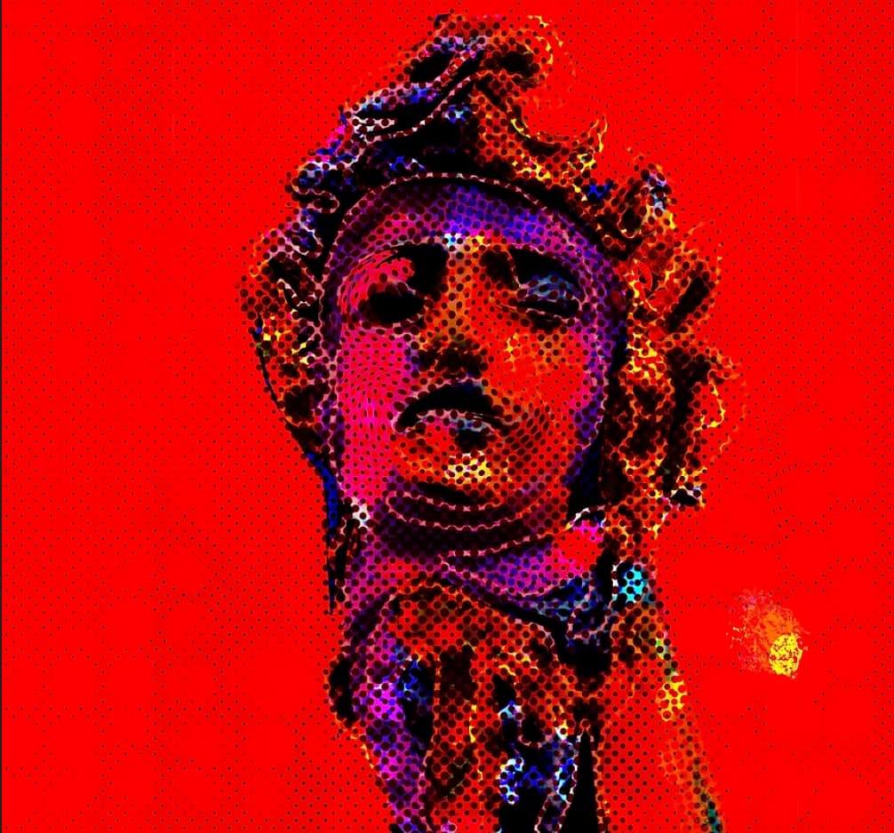 volto classico su sfondo rosso sangue