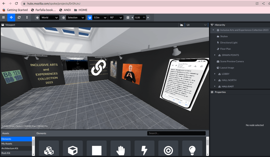 Nella Inclusive Arts and Collection 2023 Gallery sono esposte in un ambiente tridimensionale immersivo nuorose opere d'arte in tema inclusive design inerenti siti web, multimedia, ebook, font, illustrazioni, linguaggi tattili e segnanti.
