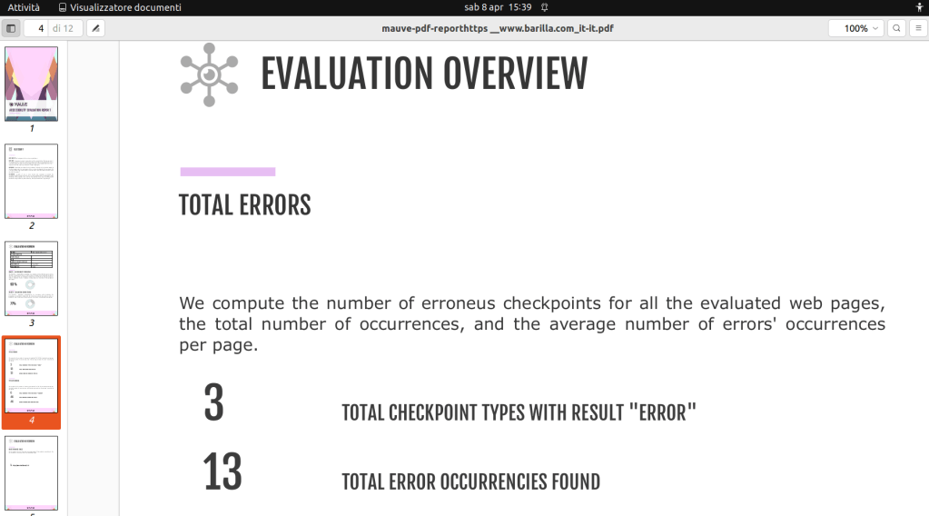 https://www.barilla.com/it-it
EVALUATION OVERVIEW
TOTAL ERRORS
We refer to errors to the checkpoints whose evaluation result is an error. Each
evaluated checkpoint can generate a different number of occurrences for each error
according to how many time that checkpoint generated an error.
We compute the number of erroneus checkpoints for all the evaluated web pages,
the total number of occurrences, and the average number of errors' occurrences
per page.
3 TOTAL CHECKPOINT TYPES WITH RESULT "ERROR"
13 TOTAL ERROR OCCURRENCIES FOUND