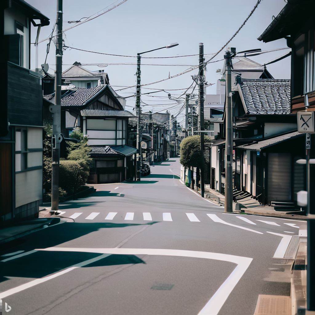 realizzata on bing image creator un'imporobabile città giapponese si pèresenta con le case caratteristiche a uno o due piani di altezza incastonate in uadrilateri e rigorosamente senza nome!