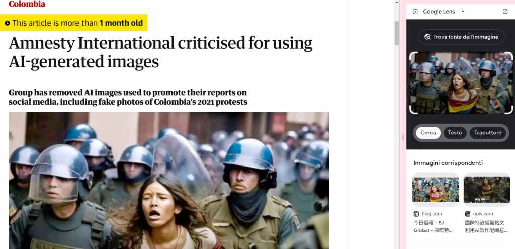 Nell'articolo del Guardian si vede un'immagine manipolata dall'intelligenza artificiale consistnte in una manifestante portata via dalla polizia colombiana