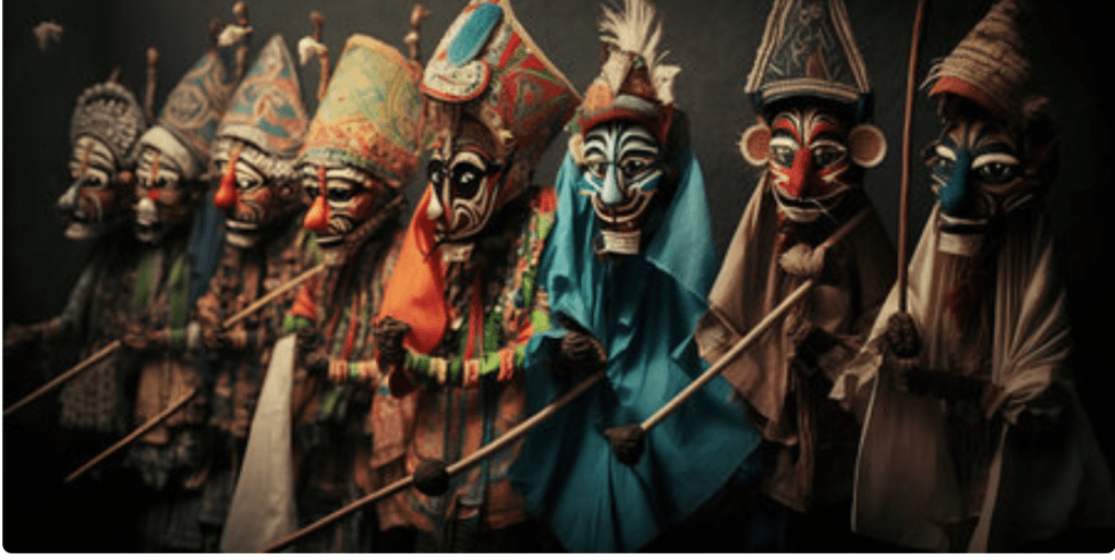 maschere tradizionali in fila che ci osservano sardonicamente