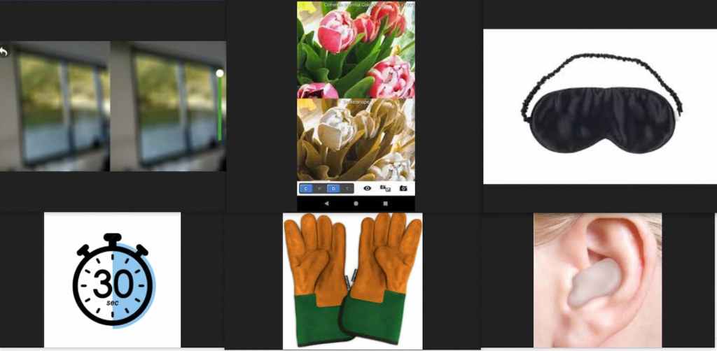 app per ipovisione e daltonici, mascerina per occhi, timer da trenta secondi, guanti per diminuire la sensibilità delle mani e tappa-orecchi costituiscono il perfetto kit per inclusive tester di prototipi fisici di design
