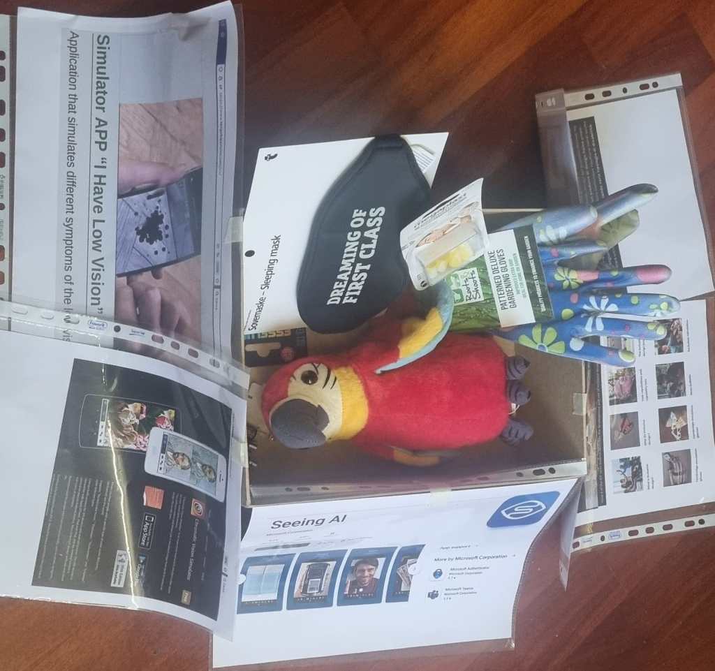 un pappagallo colorato parlante, dei guanti molto grossi e ruvidi, dei tappi per le orecchie, delle app digitali che simulano ipovisione e daltonismi vari, una benda nera per gli occhi compongono il kit per i vari inclusive design test