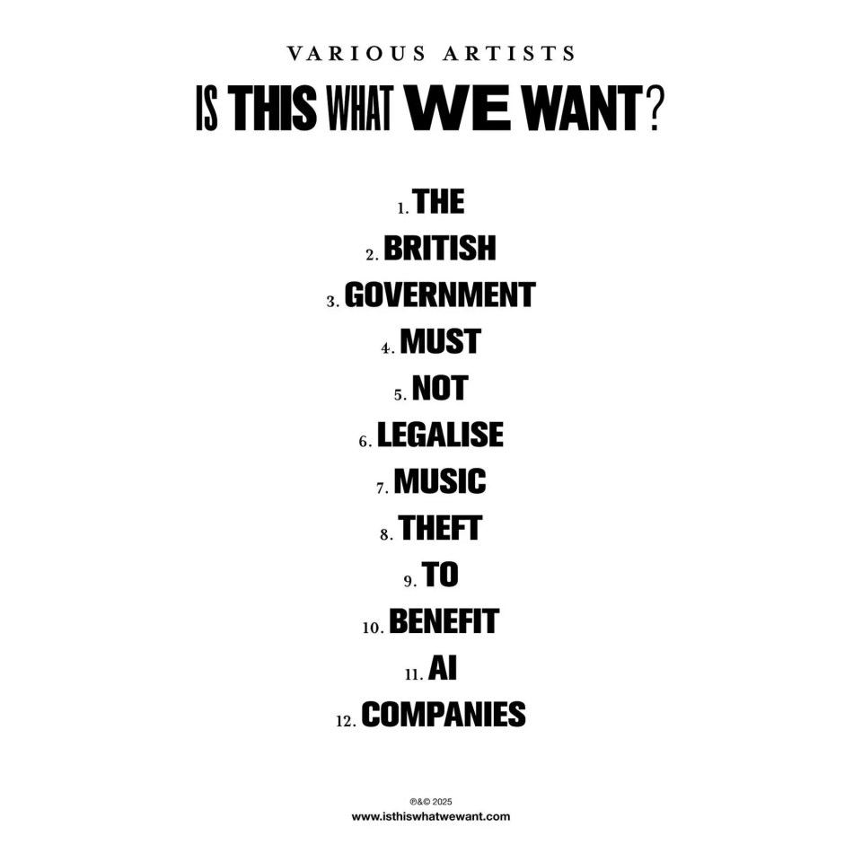 copertina dell'album IS WHAT WE WANT a cura di VARIOUS ARTISTS i cui i proventi vanno all'ente Help Musicians è composa graficamentedai titoli dei singoli pezzi che compongono la frase THE BRITISH GOVERNMENT MUST NOT LEGALISE MUSIC THEFT TO BENEFIT AI COMPANIES