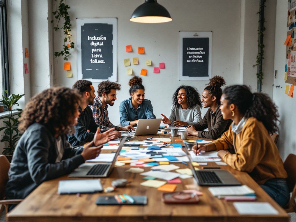 Realizzata con mistral.ai un'immagine di un gruppo di giovani che si confrontano intorno a un tavolo per produrre innovative idee inclusive