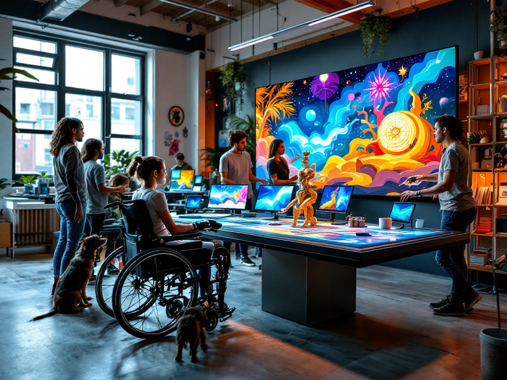 Un gruppo di giovani, alcuni con cartteri speciali, ascolta un relatore che li guida nelle opportunità delle inclusive arts