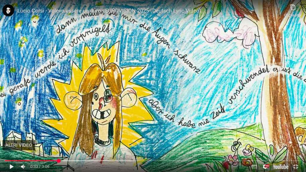un frame del video sottotitolato in tedesco da lucio corsi della sua canzone volevo essere il duro ci mostra l'artista con un occhio nero immerso in una sorta di fumetto per bambini con sullo sfondo una città circondata da una campagna fiorita ed in evidenza un tronco di albero