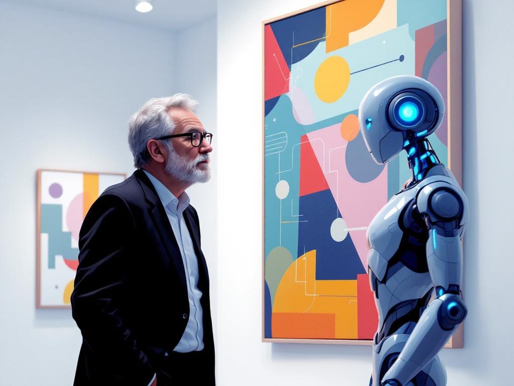 Un maturo critico d'arte si scambia uno sguardo di sfida intenso con un robot supportato da intelligenza artificiale all'interno di una galleria d'arte