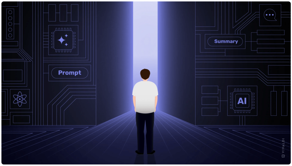 Un essere umano si trova di conte a un enorme corredo tecnologico caratterizzato da prompt summary e ai