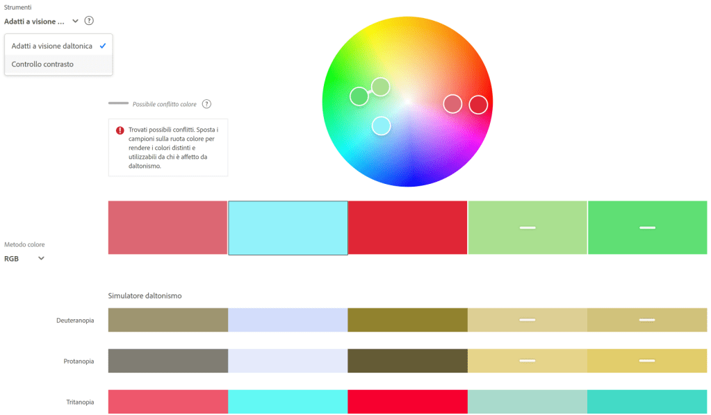 strumento di simulazione conflitti per palette cromatiche selezionate rispetto alle diverse tipologie di daltonismo