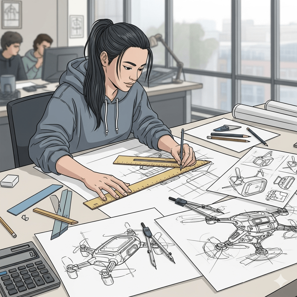 una giovane studentessa è intenta a sviluppare un'idea creativa di design in classe