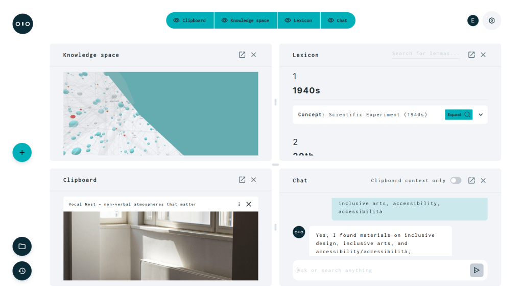 l'interfaccia di kobi si presetna con diversi strumenti di navigazione della conoscenza per indagare su termini e argomenti di ricerca di proprio interesse