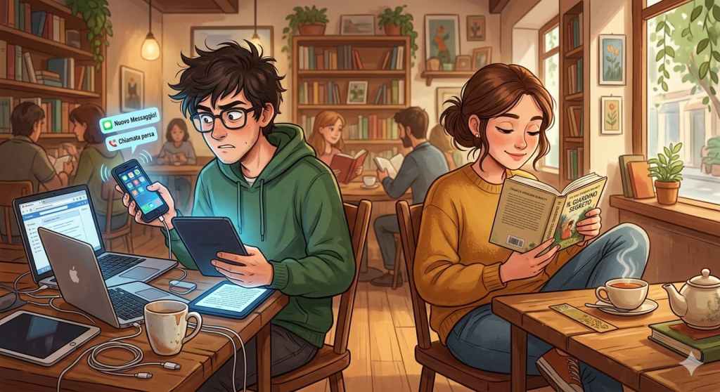 un'illustrazione composta da un giovane lettore maschio che legge un libro tramite un er-reader continuamente distratto da dispositivi digitali accanto a una giovane lettrice di libro cartaceo che se lo legge in tutta tranquillità e rilassatezza
