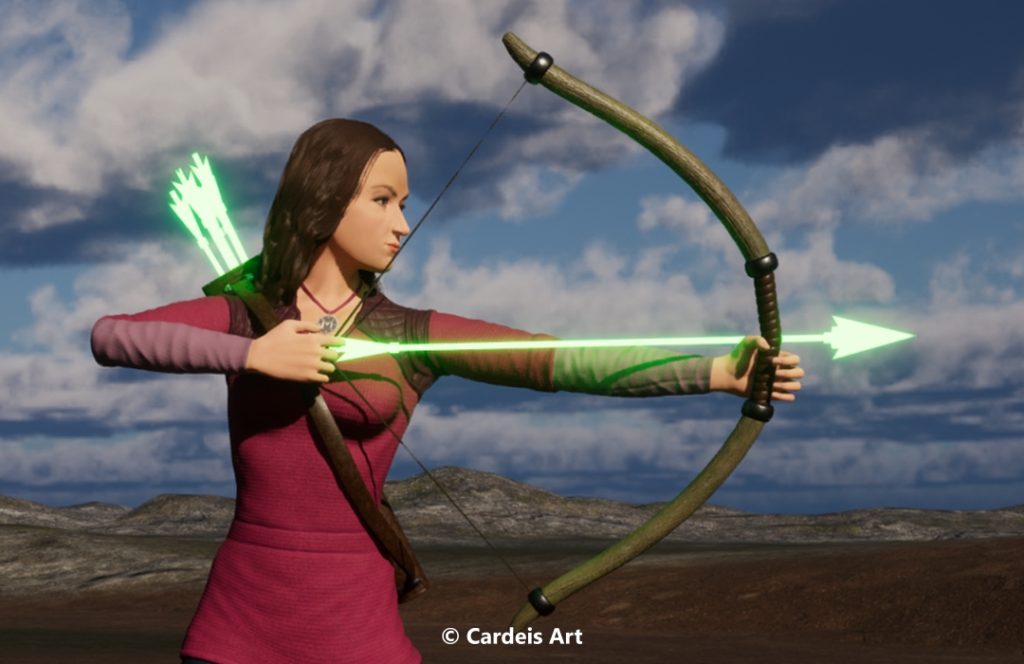 In the picture, Lady Query is aiming with her bow, ready to shoot an arrow against the Malware. Lady Query is the playable character of the game Webdieval: ReverseCore currently in development by Cardeis Art.