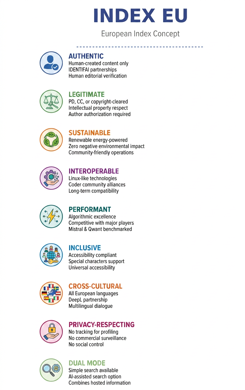 INDEX EU European Index Concept with categories: Authentic, Legitimate, Sustainable, Interoperable, Performant, Inclusive, Cross-Cultural, Privacy-Respecting, Dual Mode, each with brief descriptive points and icons