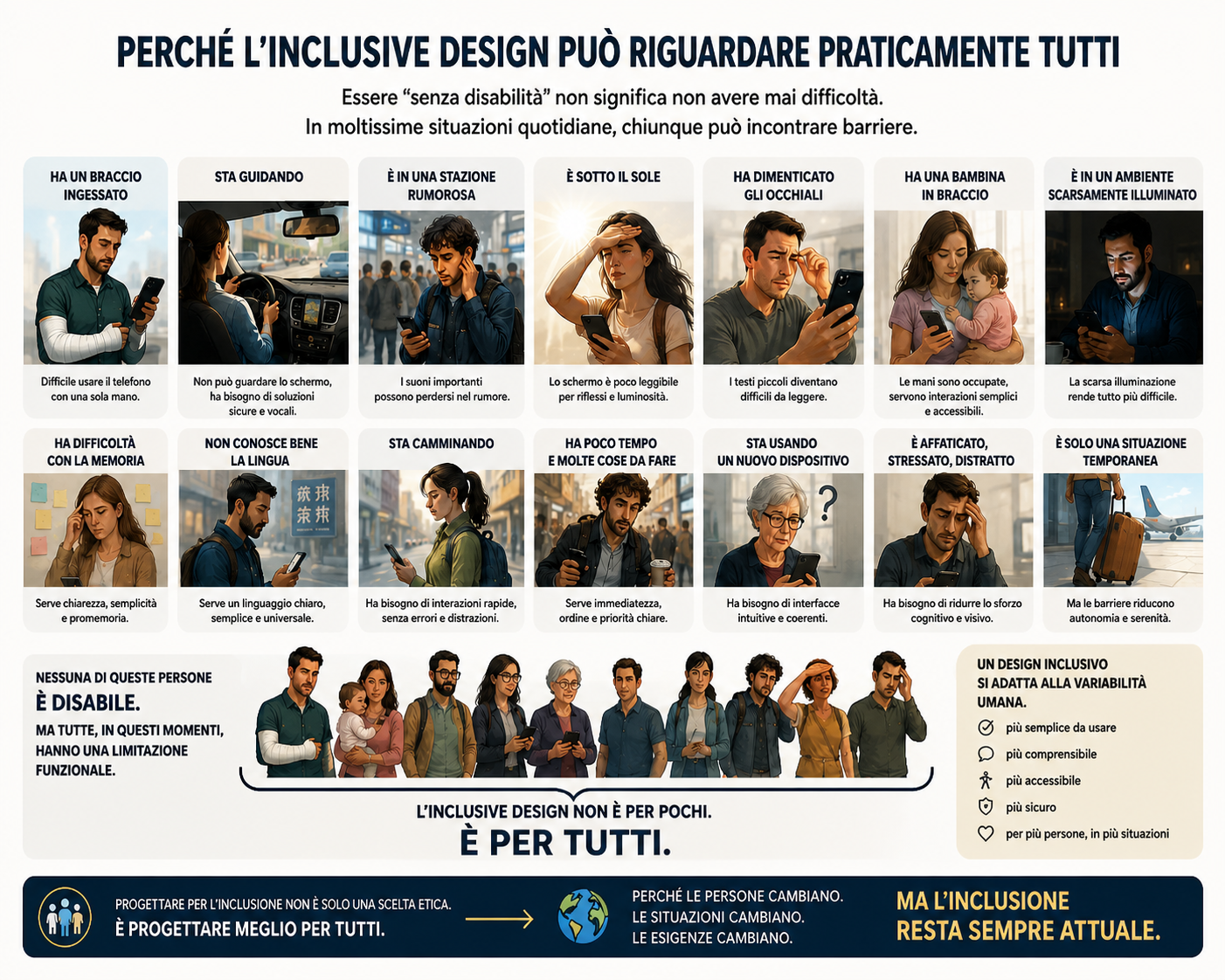 Infografica in italiano: il design inclusivo aiuta tutti, perché persone temporaneamente o permanentemente limitate incontrano barriere quotidiane; progettare per l’inclusione significa progettare meglio per tutti.