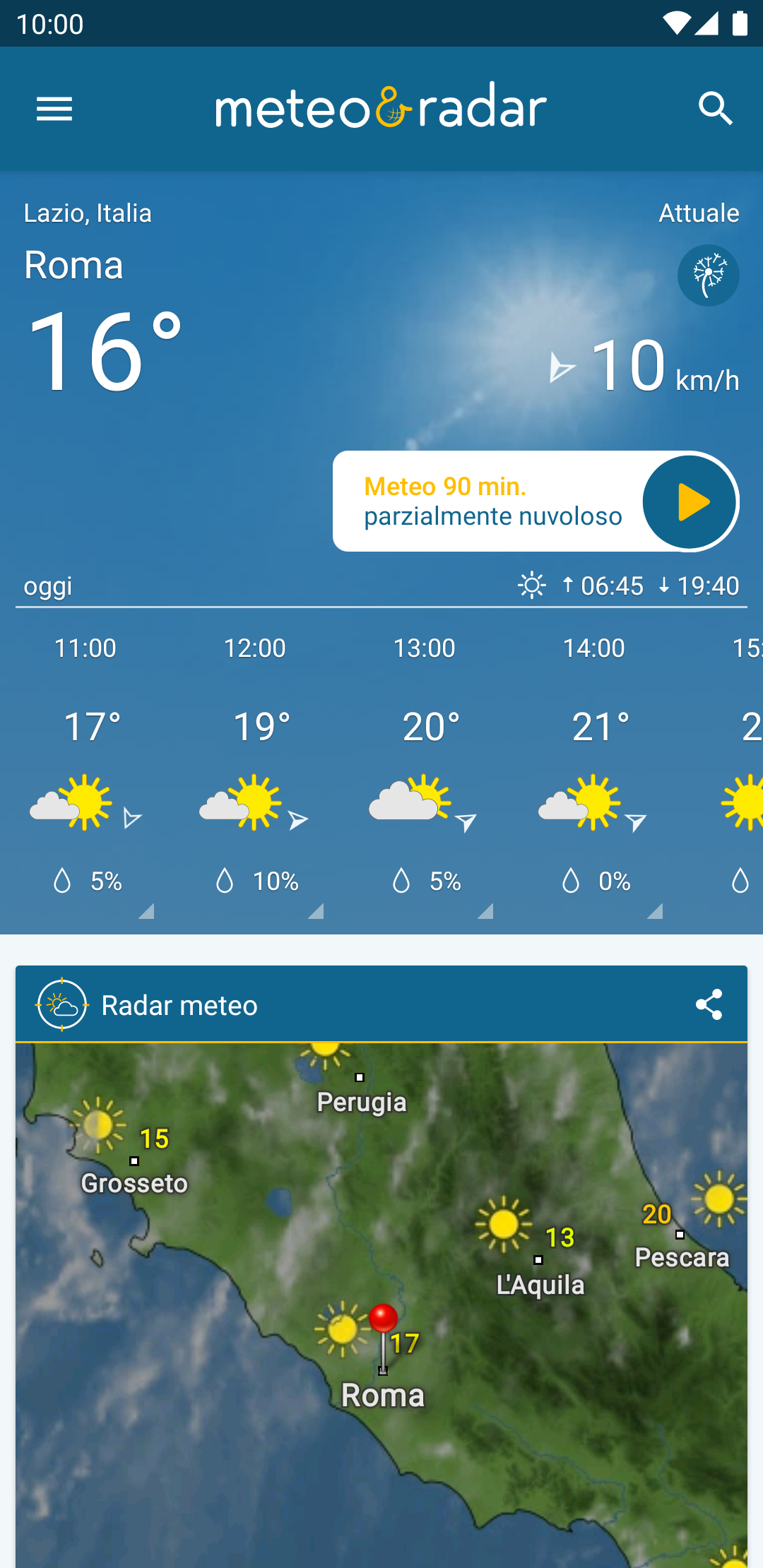 l'app meteo e radar propone nella prima schermata temperatura, pollini, vento, e radar meteo (eventuali emergenze)