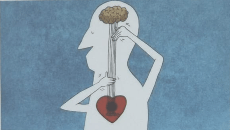 un ipotetico musicista suona uno strumento a corde collegando cuore e cervello